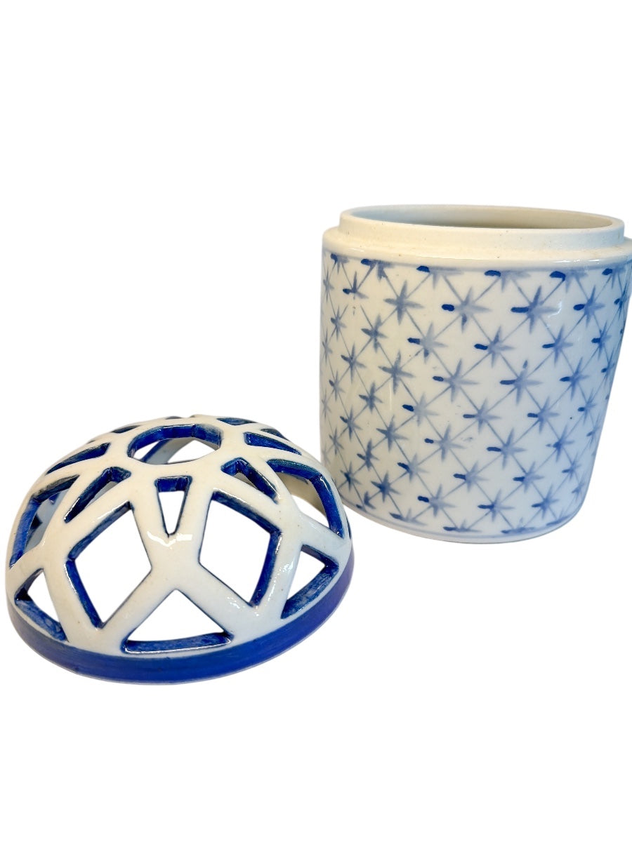 Vintage Blue and White Ceramic Flower Frog Jar vase with lid