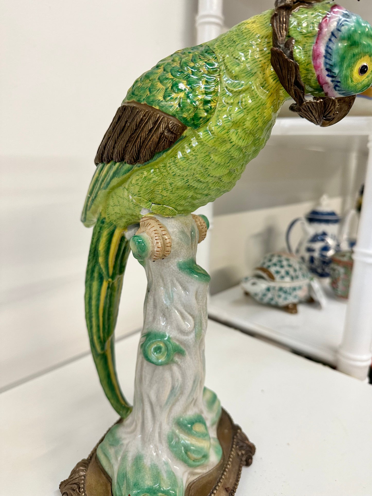 Vintage Castilian Bronze Wrapped Porcelain Parrot Ormolu Candle Holders
