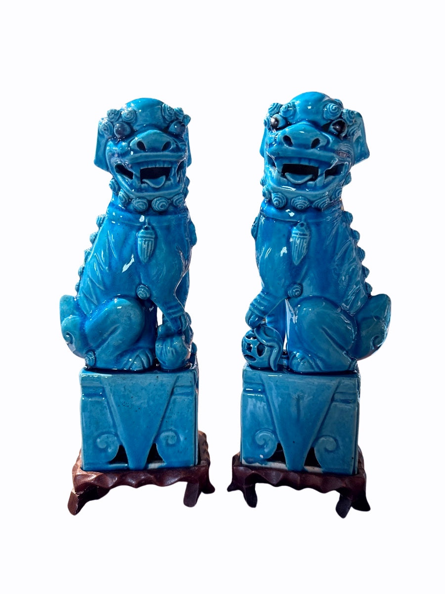 Pair of Chinese Turquoise Glazed Porcelain Foo Dog Figurines on Stands