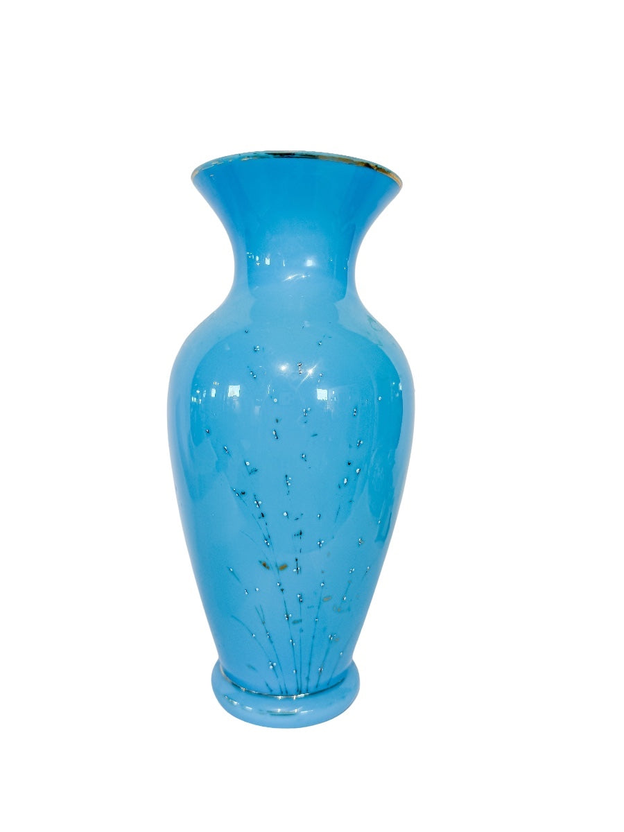 Antique Blue Opaline Glass Vase with Hand-Painted Enamel Florals