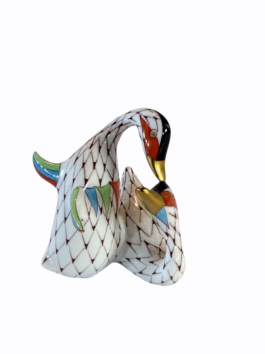 Herend Hungary Hand-Painted Porcelain Duck Pair Fishnet Figurine