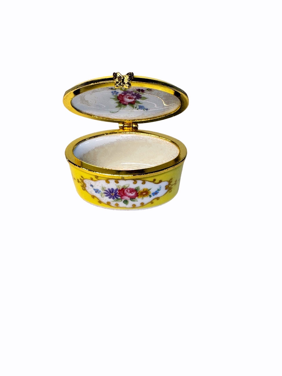 Vintage Yellow Floral Hinged Trinket Box with Butterfly Clasp
