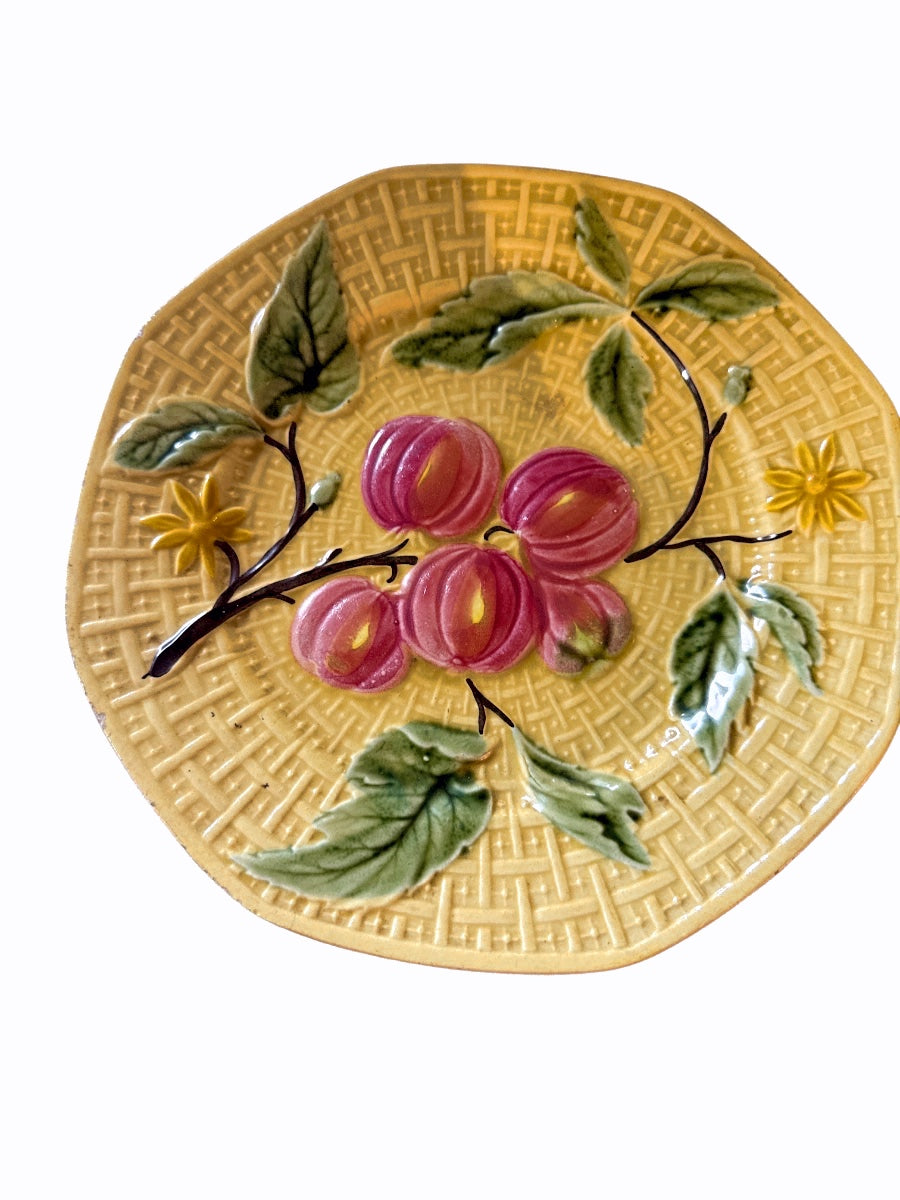 Antique French Majolica Gooseberry Basketweave Dessert Plate