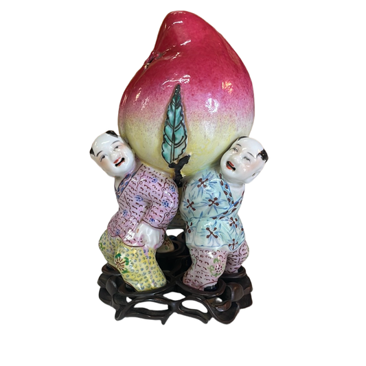 Antique Porcelain Famille Rose Peach Figure with Custom Stand