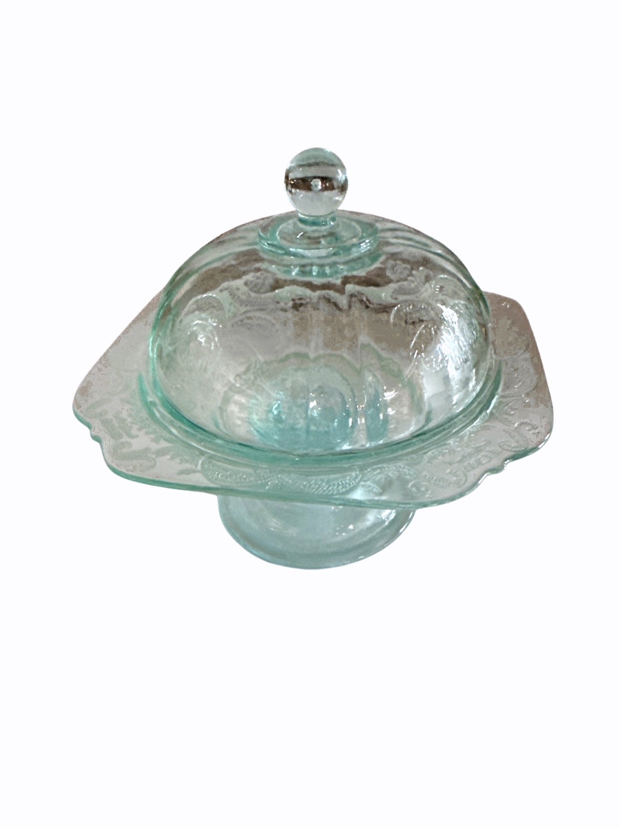 Vintage Aqua Green Pressed Glass Pedestal Dish with Dom Lid