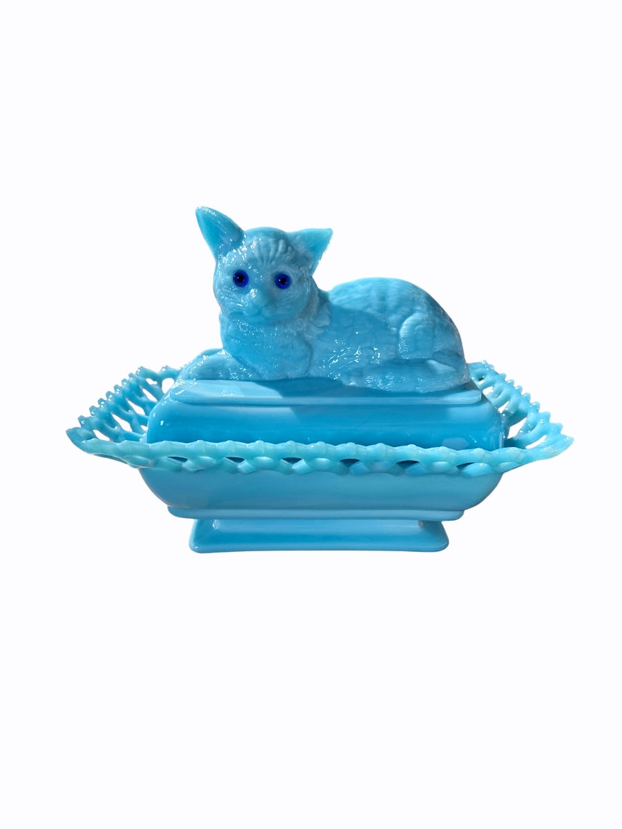 Vintage Westmoreland Cat Dish with Glass Eyes