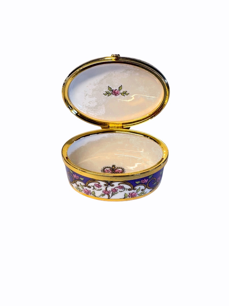 Vintage Cobalt Blue & Rose Monogram 'V' Porcelain Trinket Box
