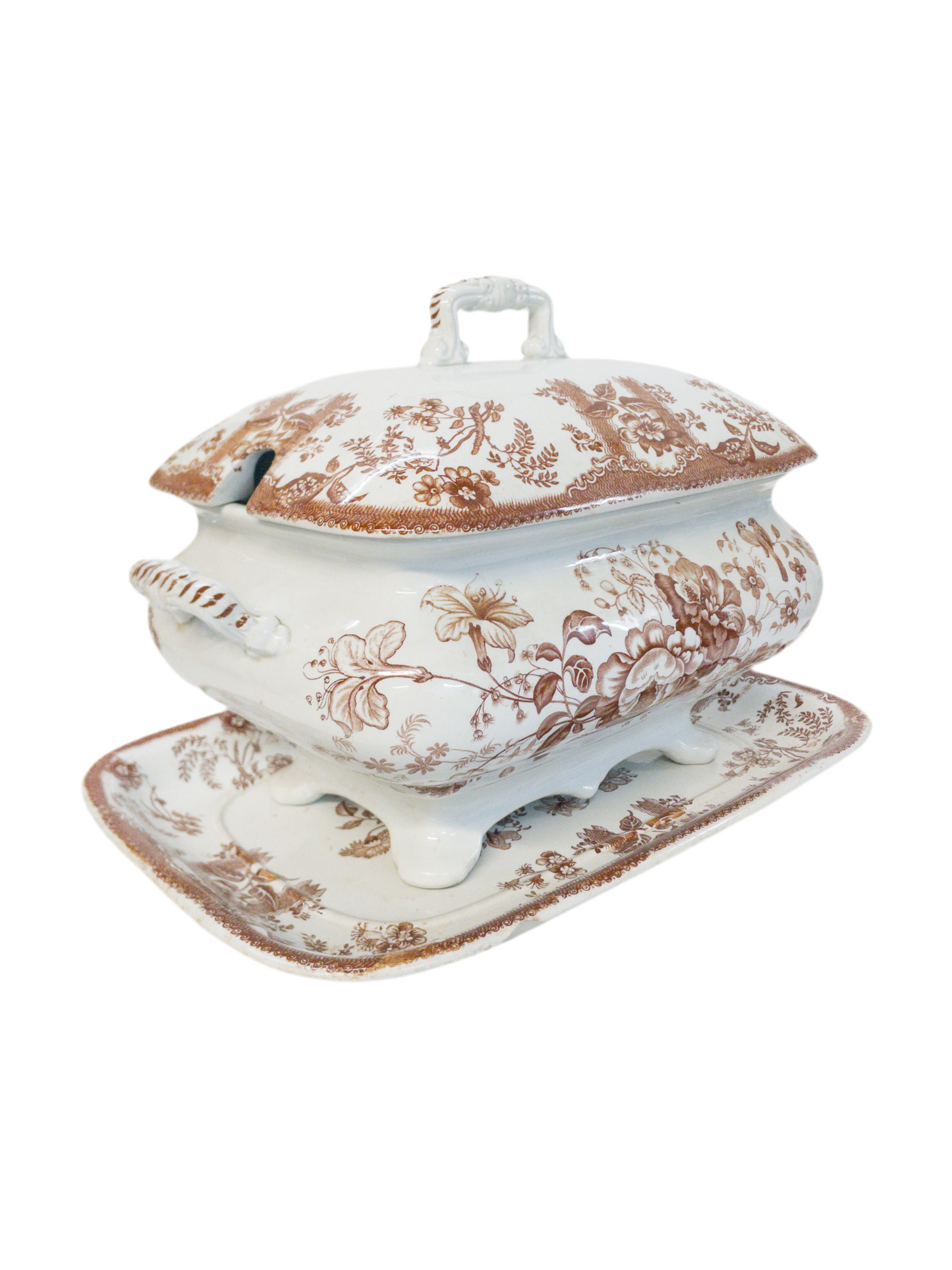Antique Brown Transferware Tureen with Tray