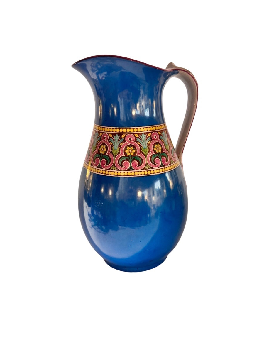 Antique Cobalt Blue Earthenware Pitcher with Arabesque Band