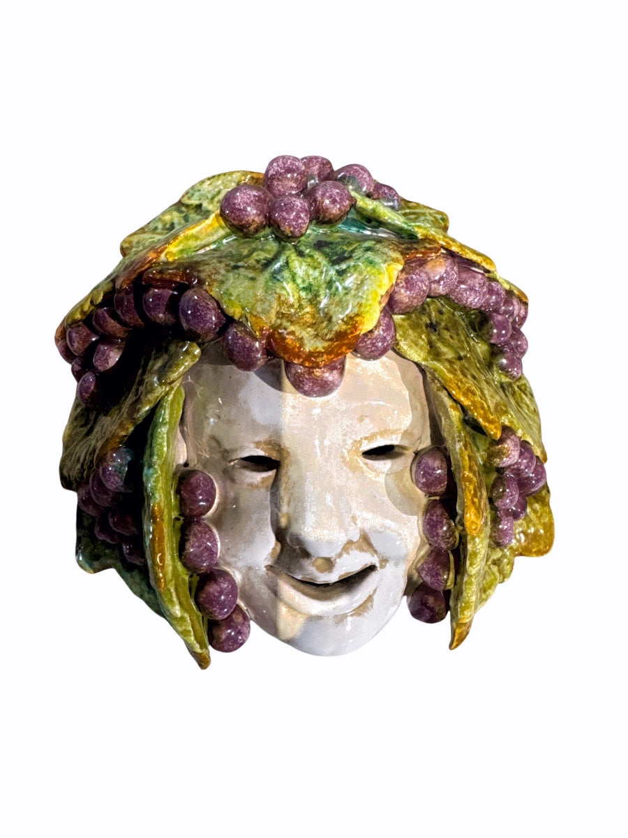Italian Majolica Bacchus Face Wall Mask with Grapevine Relief