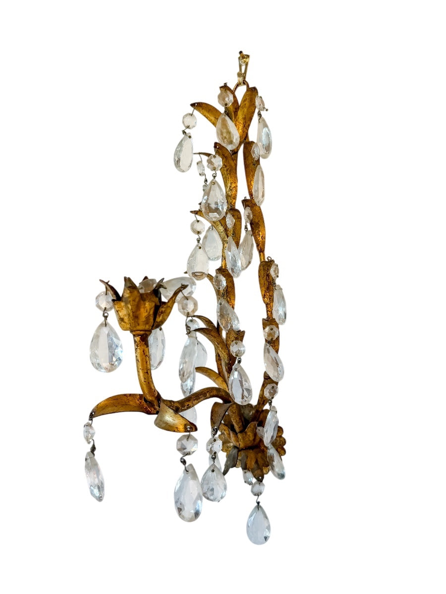 Vintage Florentine Gilt Metal and Crystal Single-Light Wall Sconce