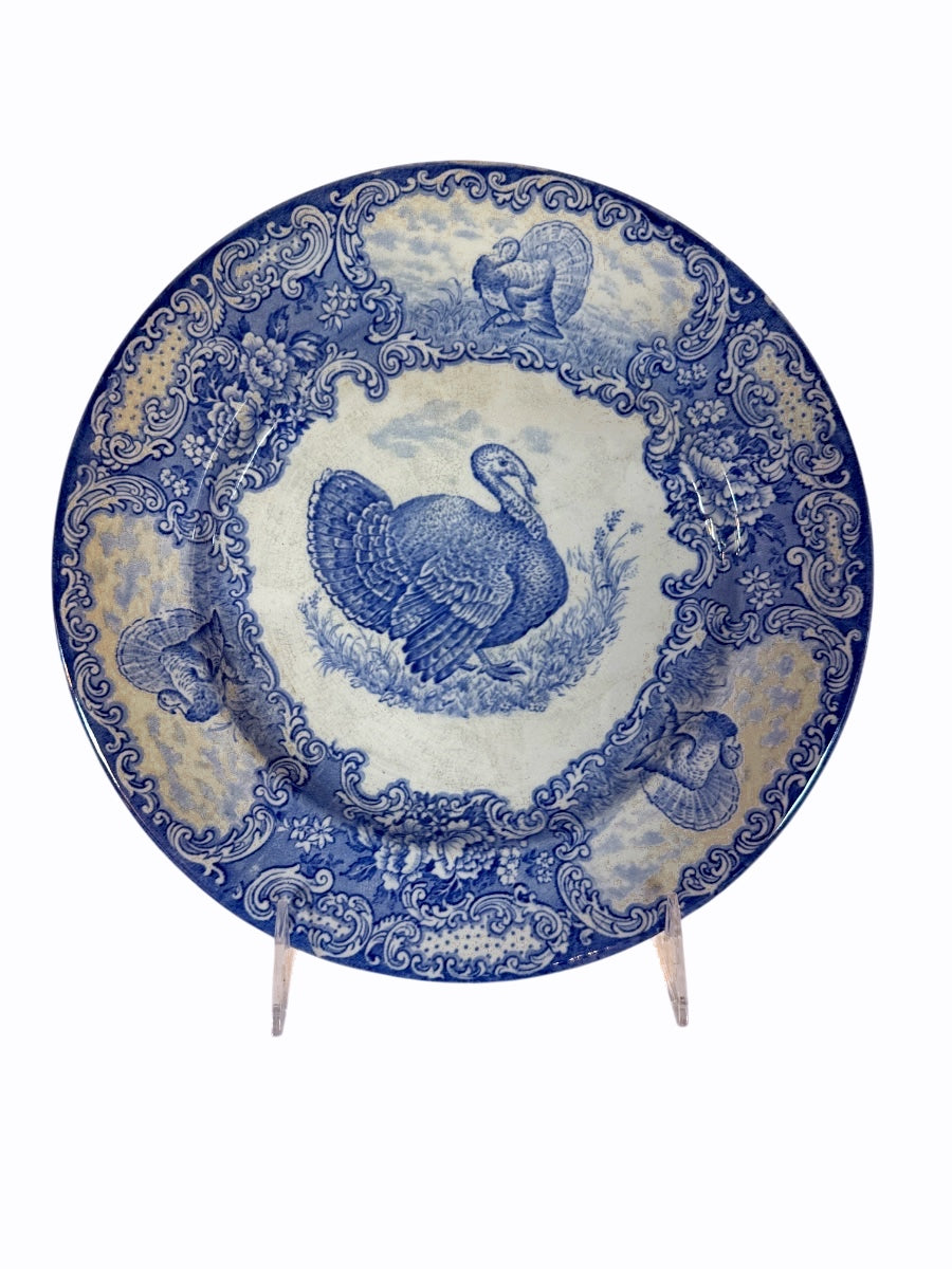 Antique Staffordshire Blue and White Transferware Turkey Display Plate