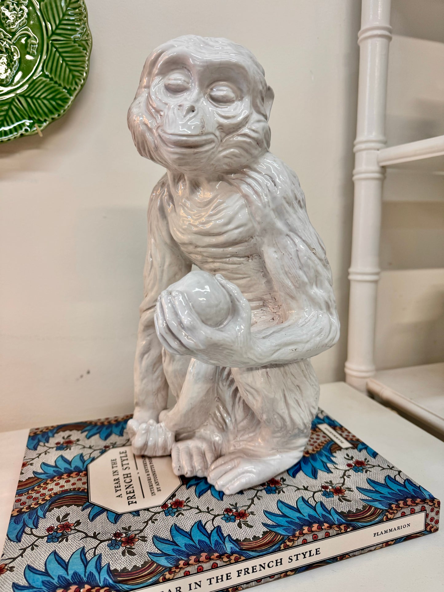 Vintage Italian Glazed Terracotta Monkey Statue