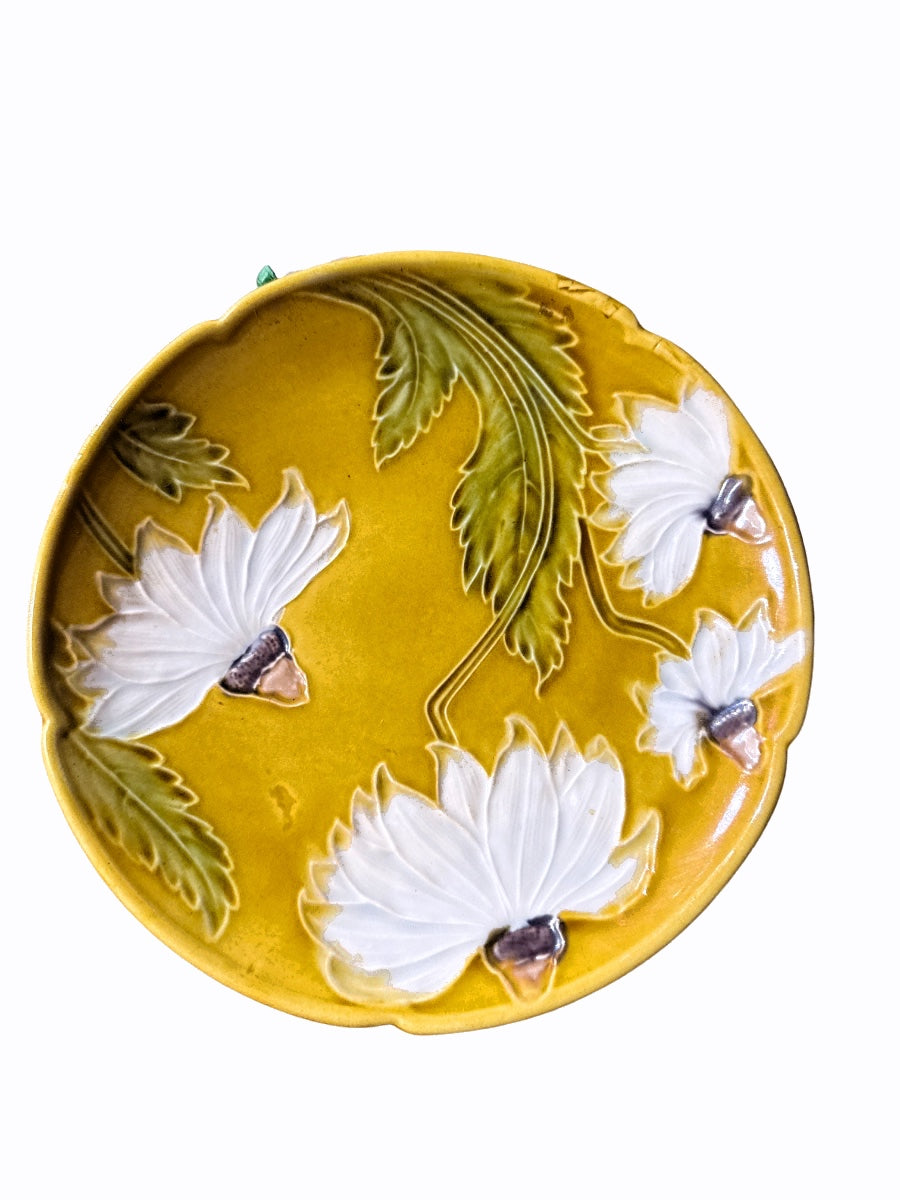 Antique Majolica-Like Sunflower & Leaf Relief Plate in Ochre Yellow