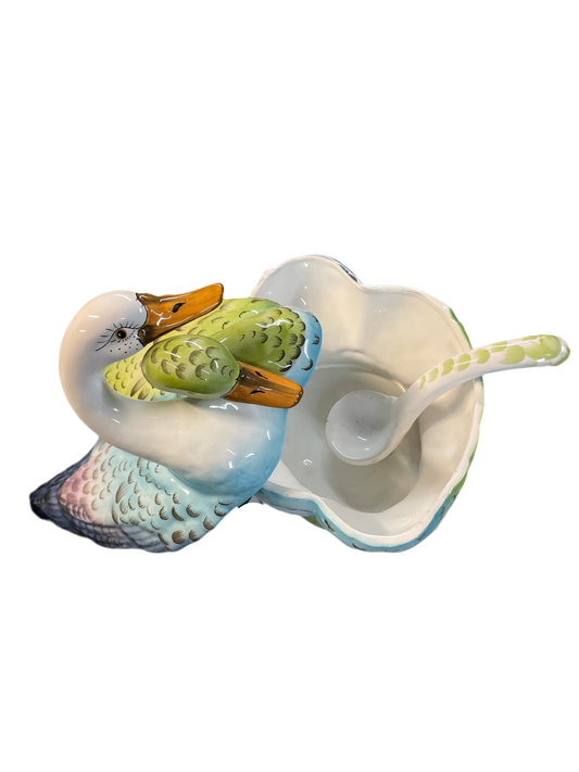 Vintage Majolica Hand Painted Goose Tureen