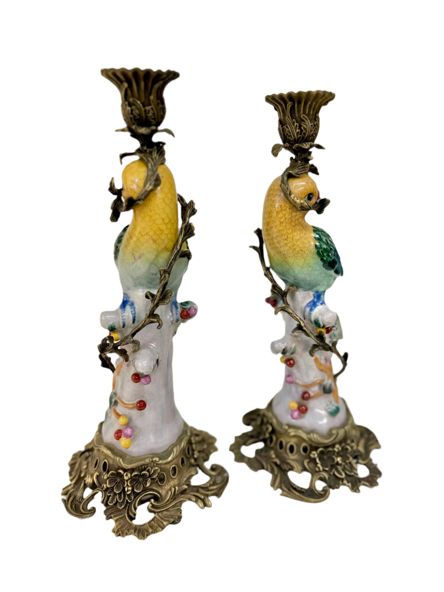 Hand Painted Bronze Wrapped Porcelain Ormolu Parrot Candle Holders