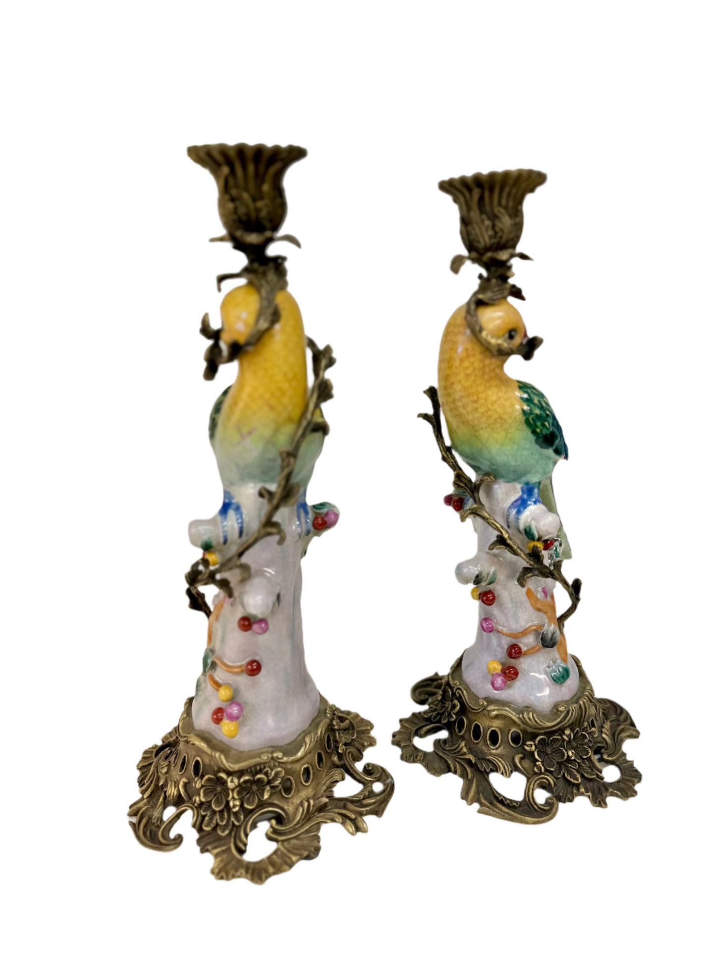 Hand Painted Bronze Wrapped Porcelain Ormolu Parrot Candle Holders
