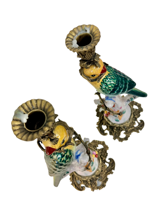 Hand Painted Bronze Wrapped Porcelain Ormolu Parrot Candle Holders