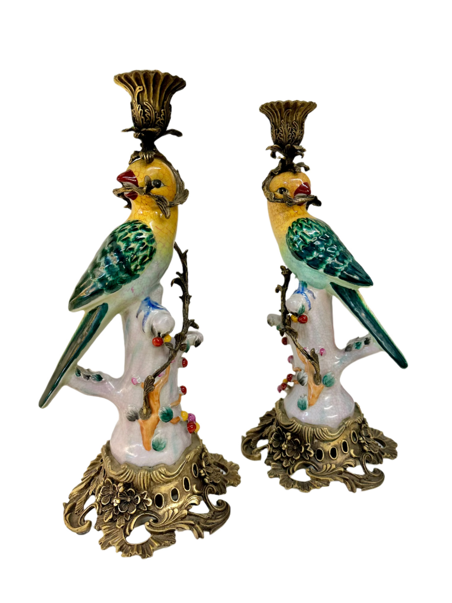 Hand Painted Bronze Wrapped Porcelain Ormolu Parrot Candle Holders