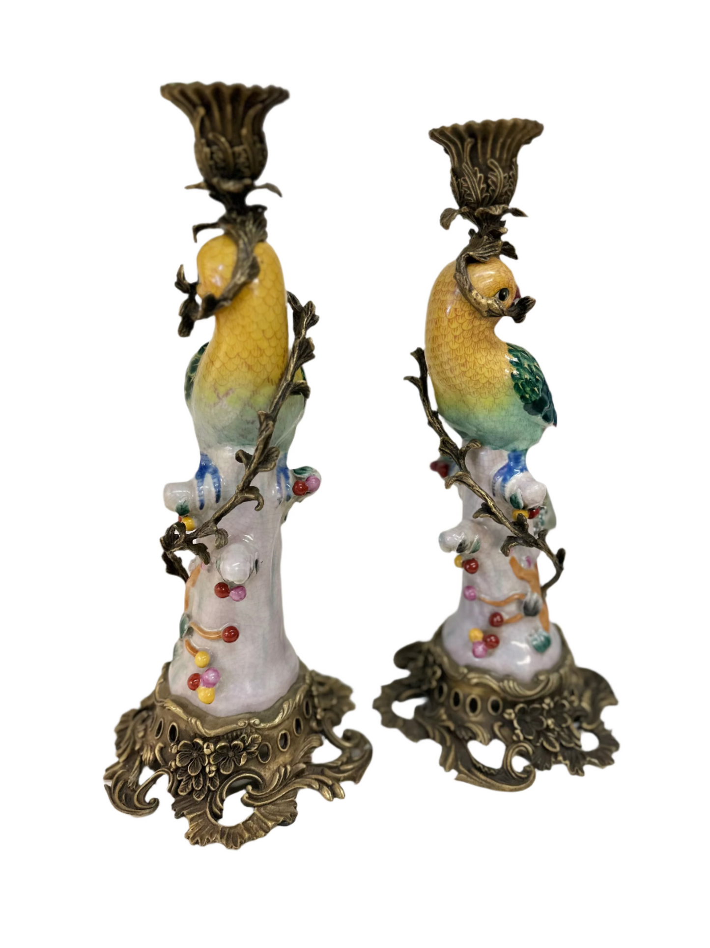 Hand Painted Bronze Wrapped Porcelain Ormolu Parrot Candle Holders