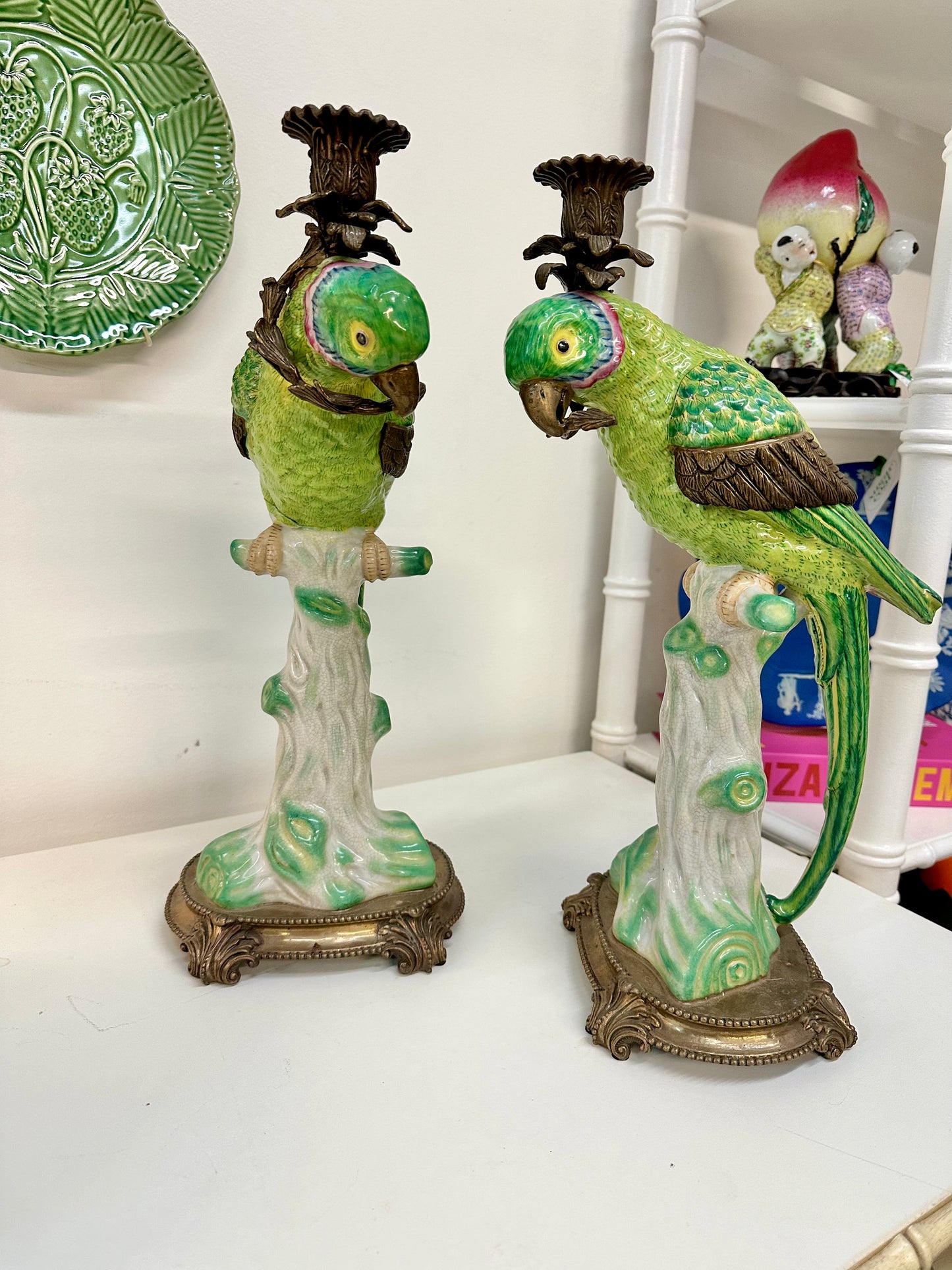 Vintage Castilian Bronze Wrapped Porcelain Parrot Ormolu Candle Holders