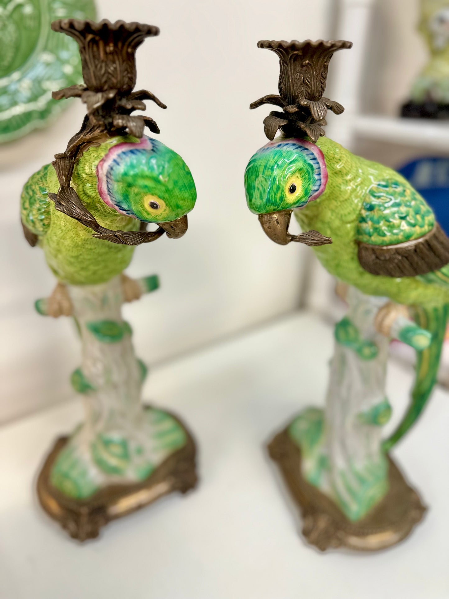Vintage Castilian Bronze Wrapped Porcelain Parrot Ormolu Candle Holders