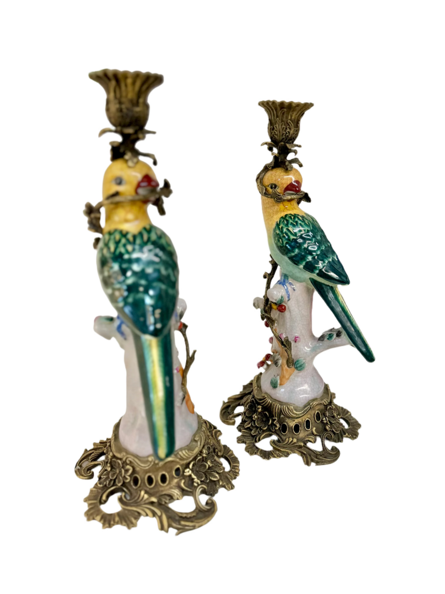 Hand Painted Bronze Wrapped Porcelain Ormolu Parrot Candle Holders