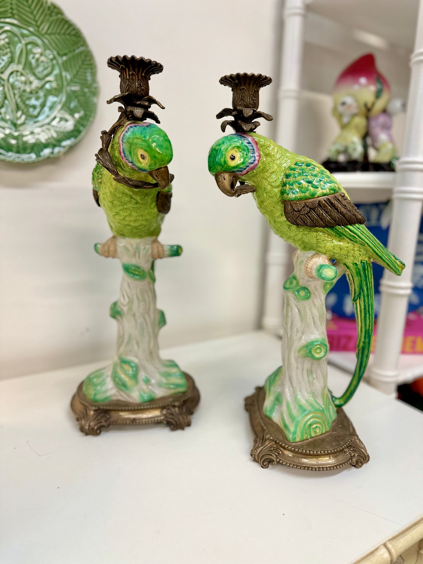 Vintage Castilian Bronze Wrapped Porcelain Parrot Ormolu Candle Holders
