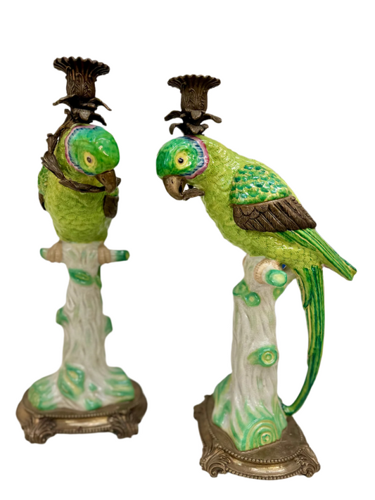 Vintage Castilian Bronze Wrapped Porcelain Parrot Ormolu Candle Holders