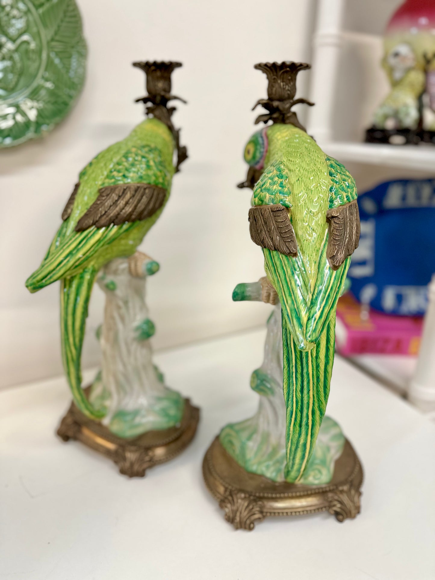 Vintage Castilian Bronze Wrapped Porcelain Parrot Ormolu Candle Holders