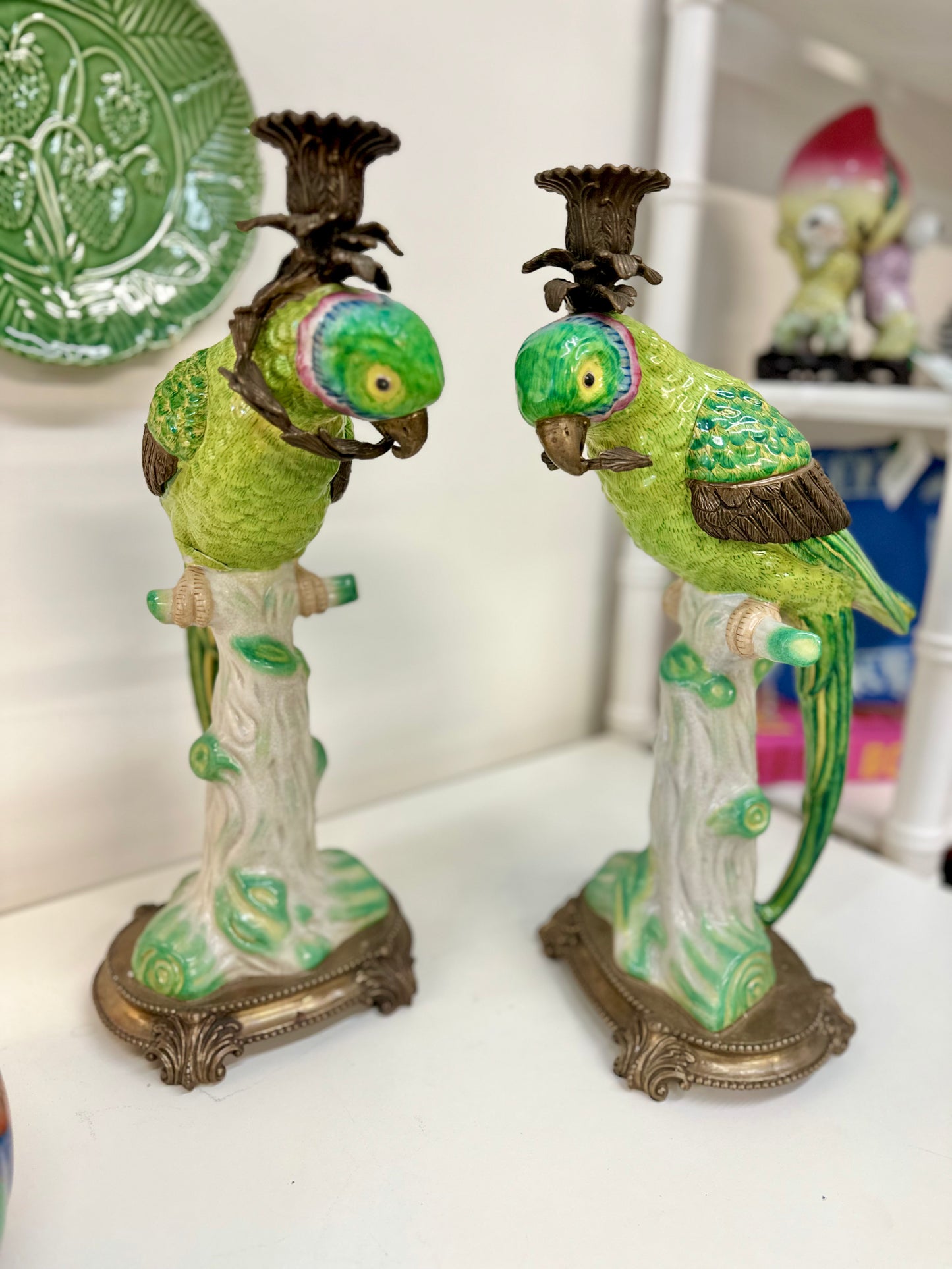 Vintage Castilian Bronze Wrapped Porcelain Parrot Ormolu Candle Holders