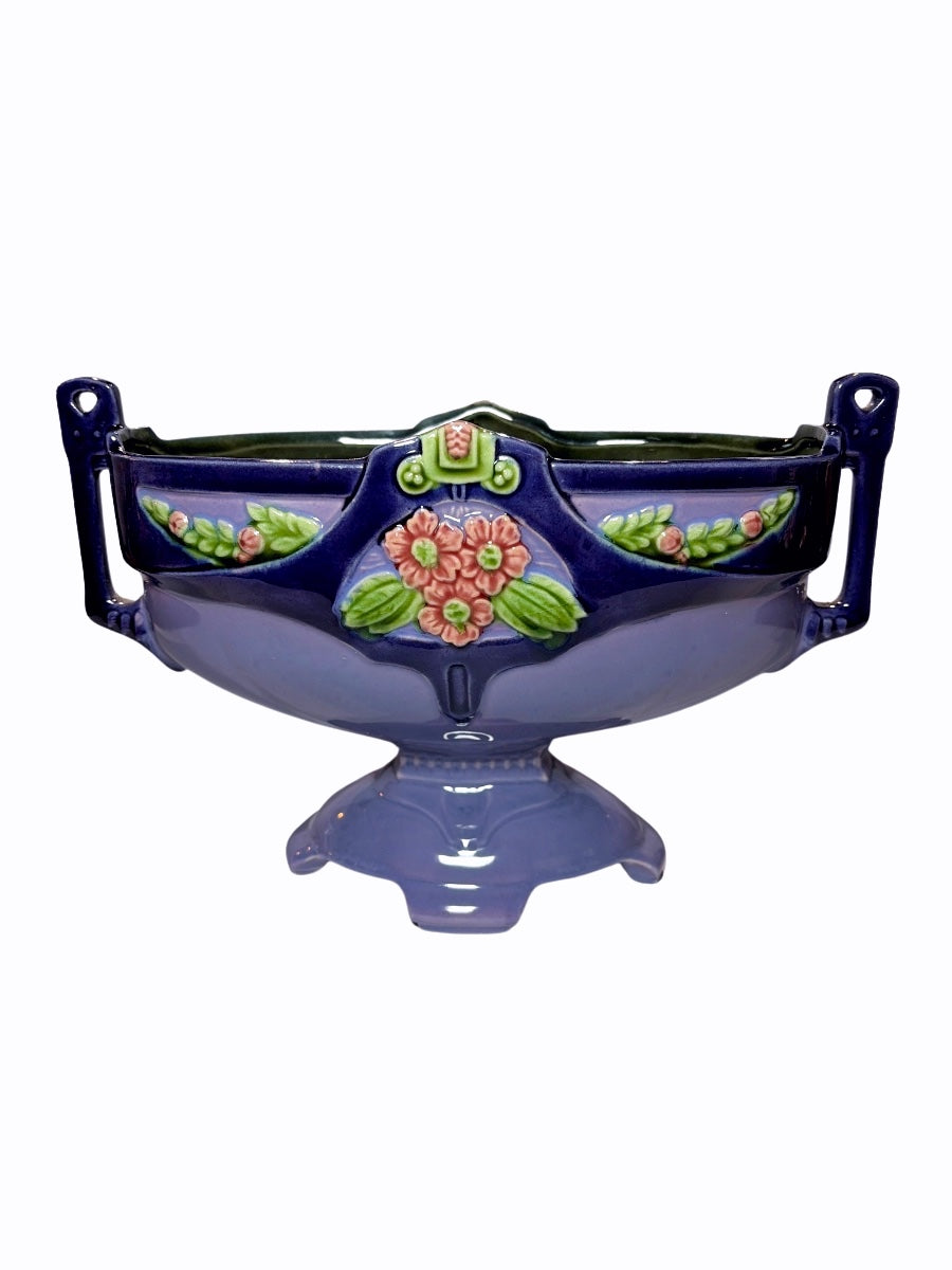 Art Nouveau Cobalt Blue Majolica Footed Jardinière with Floral Relief
