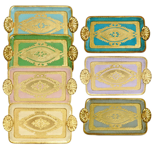 Florentine Carved Wood Rectangle Mini Tray with Shell Handles, Made in Italy: Sage Green