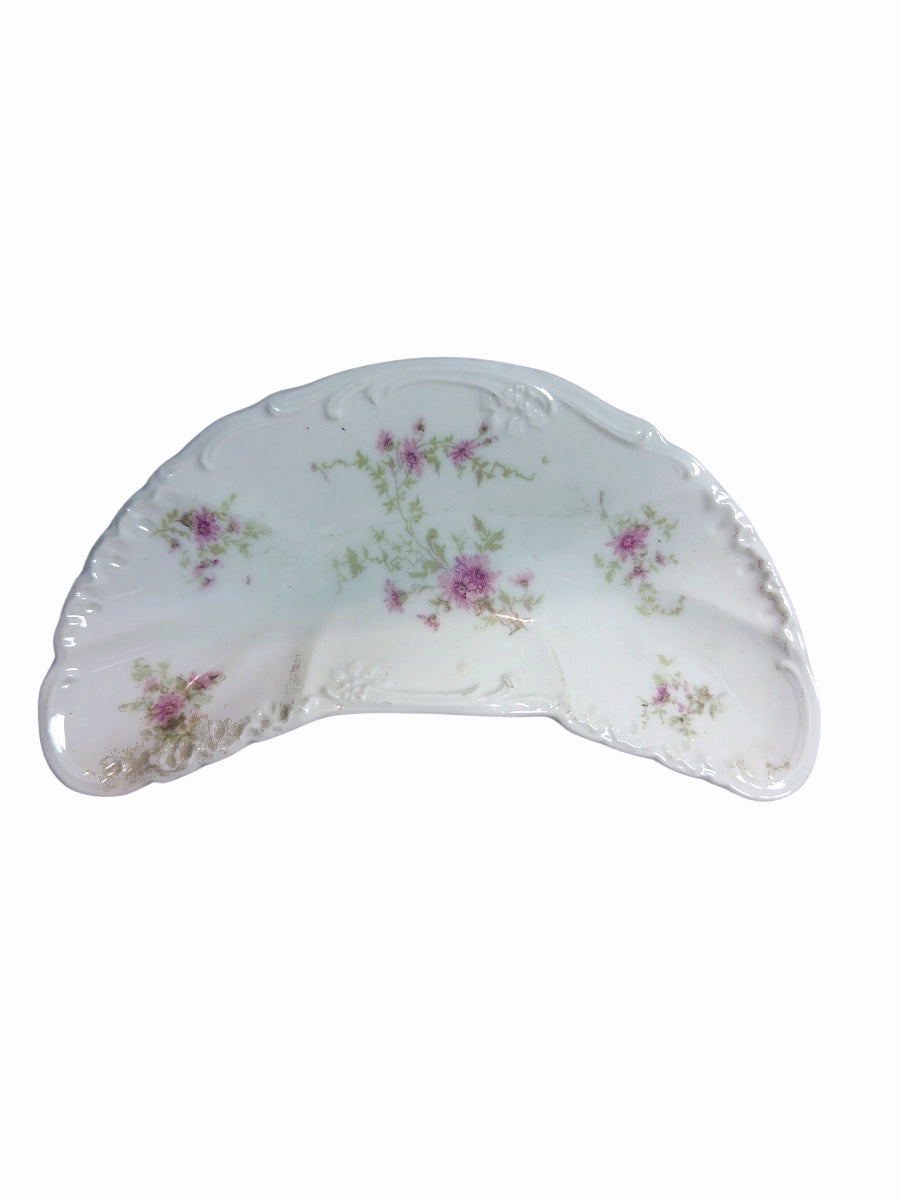 Antique Porcelain Crescent Bone Dish with Pink Floral Motif