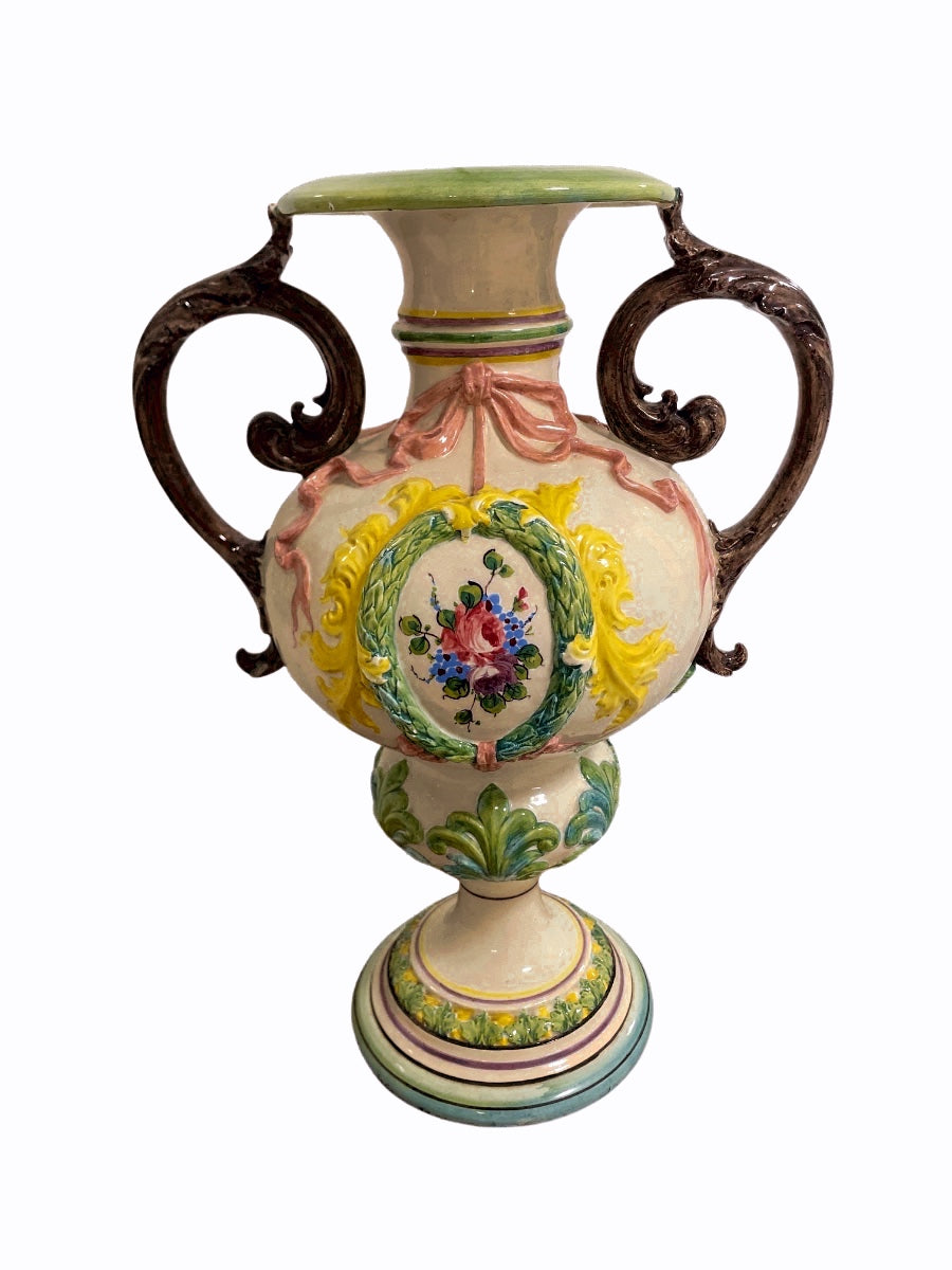 Italian Majolica Double-Handled Urn Vase with Floral Medallion
