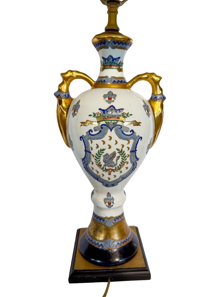 Heraldic Hand-Painted Porcelain Urn Table Lamp with Gold Handles