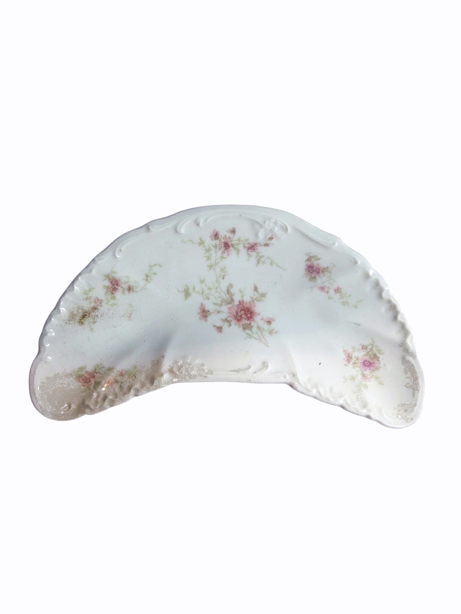 Antique Porcelain Crescent Bone Dish with Pink Floral Sprays