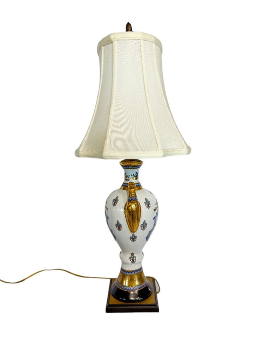Heraldic Hand-Painted Porcelain Urn Table Lamp with Gold Handles