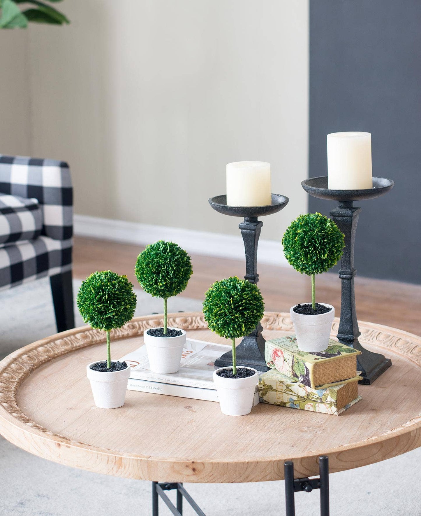 Faux Topiaries With Cream Pot 3.5x9"