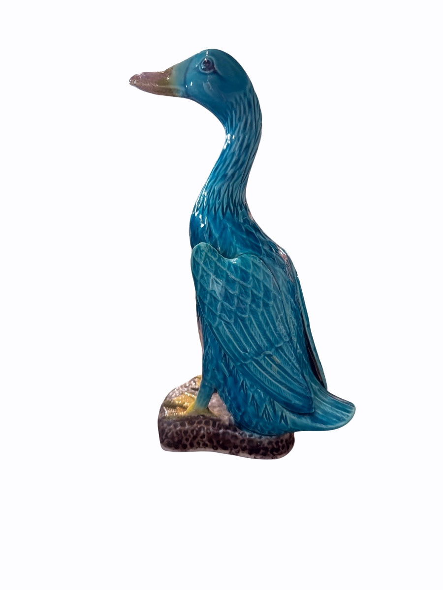 Chinese Export 9.5”Turquoise Glazed Porcelain Duck Figurine