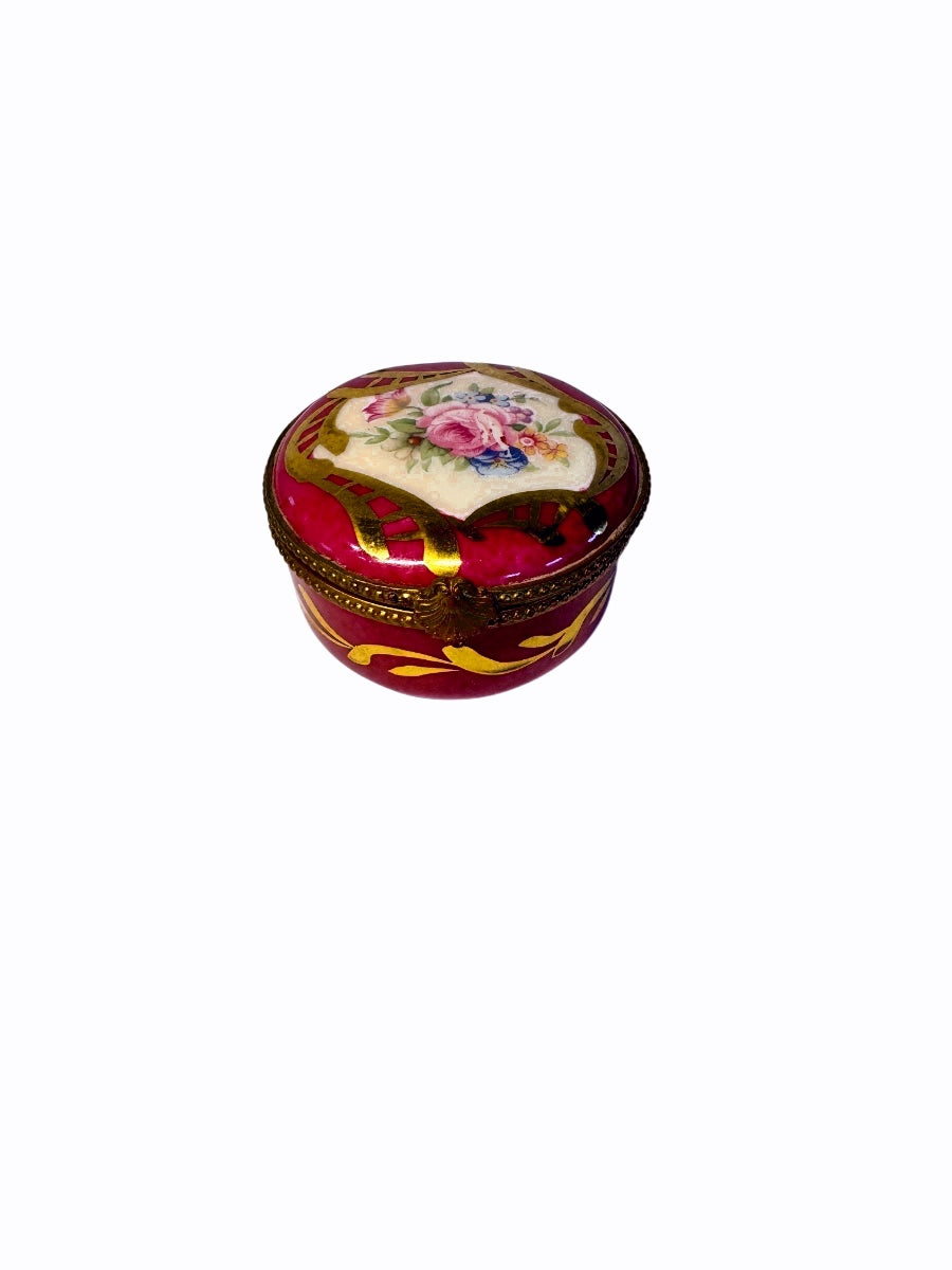 Vintage French Limoges Style Crimson Floral Hinged Porcelain Box