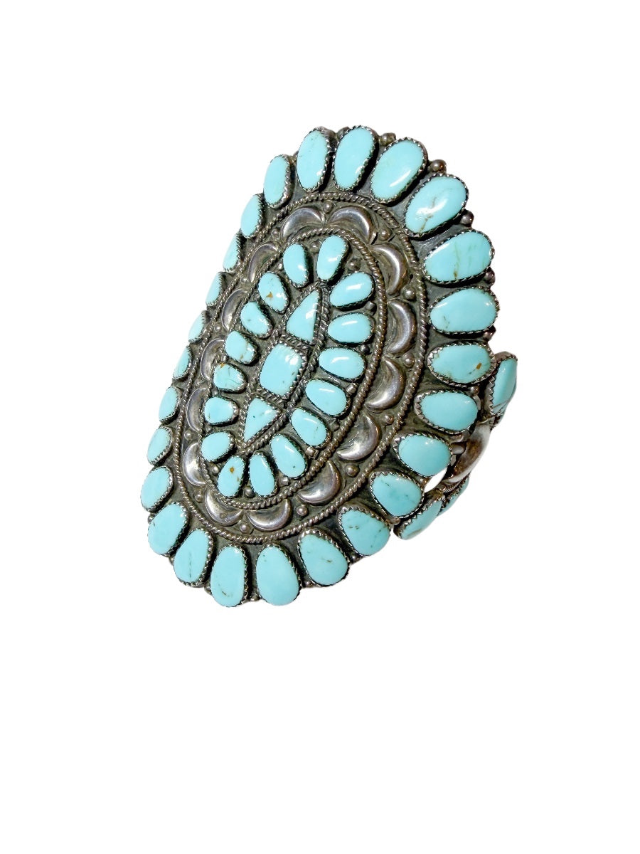 Signed Vintage Zuni Sterling Silver & Turquoise Cluster Cuff Bracelet