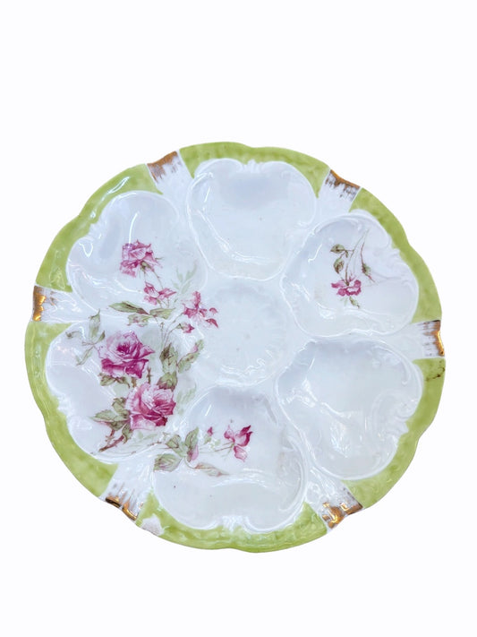 Antique Porcelain Oyster Plate with Pink Rose & Green Border