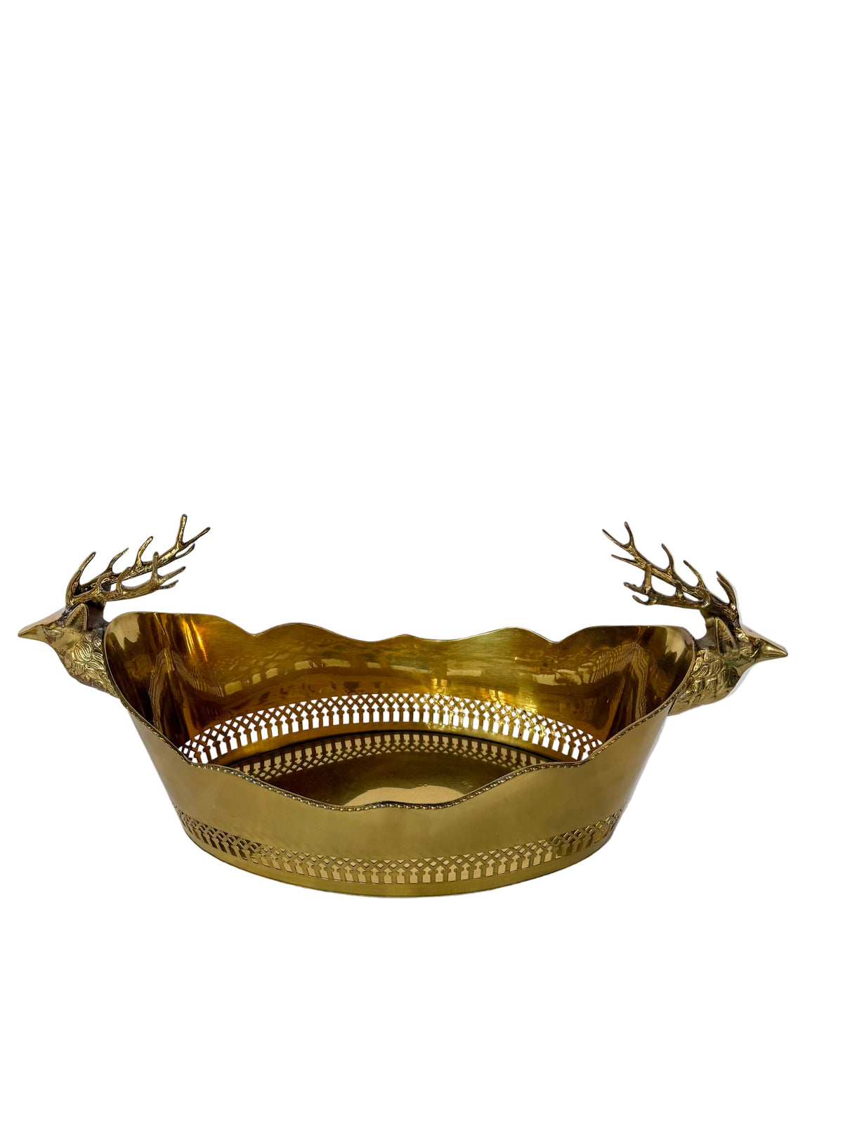 Brass Oval Bowl with Stag Head Handles & Pierced Lattice Detail