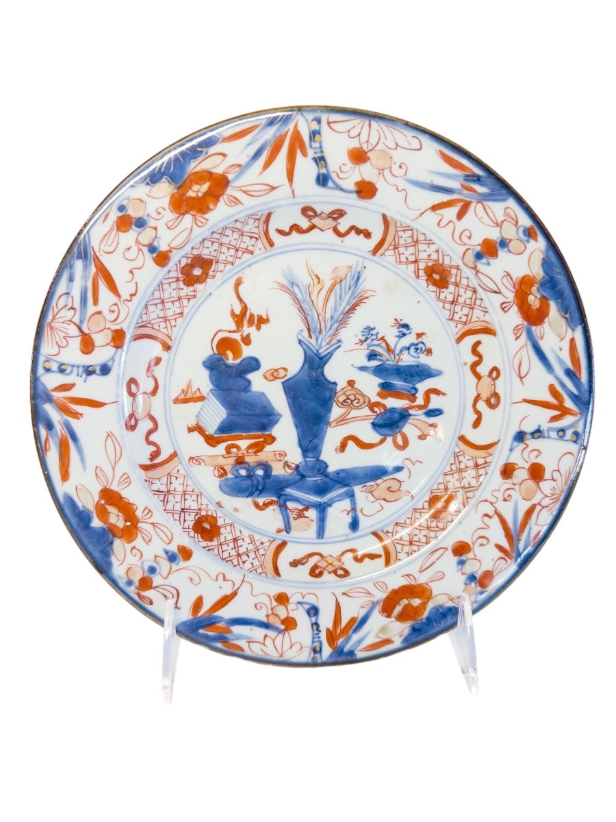 18th Century Chinese Imari Porcelain Plate with Scholar's Objects