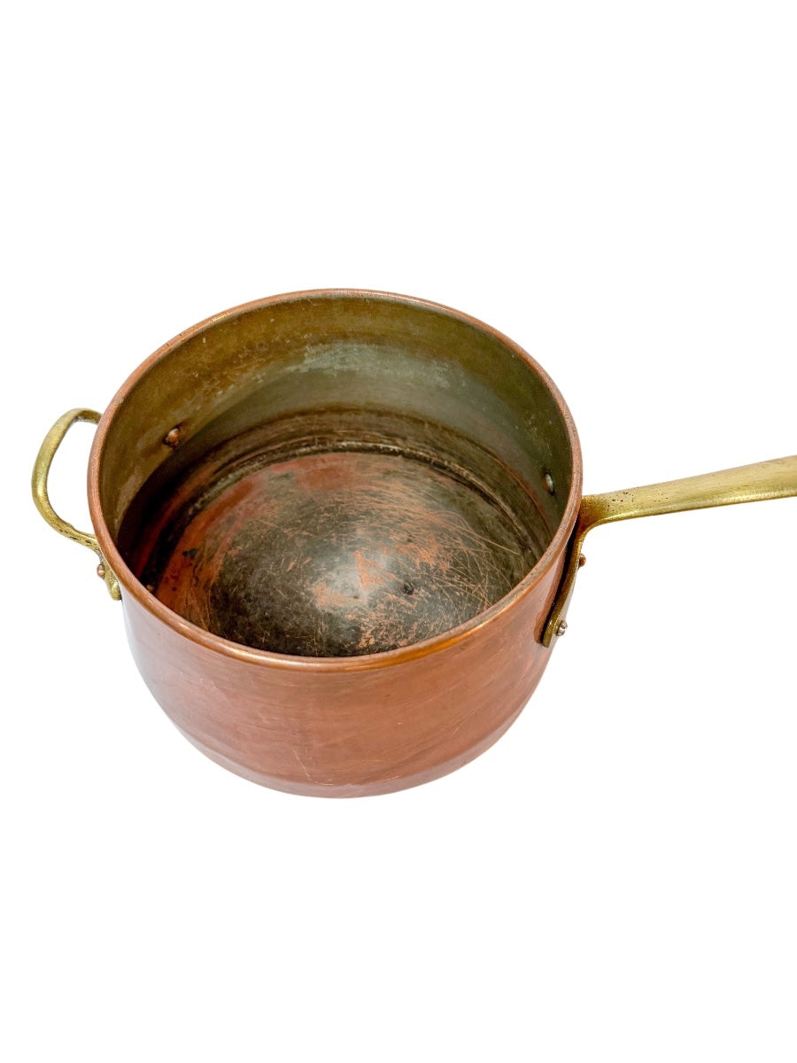 Vintage Copper Saucepan with Lid and Brass Handles