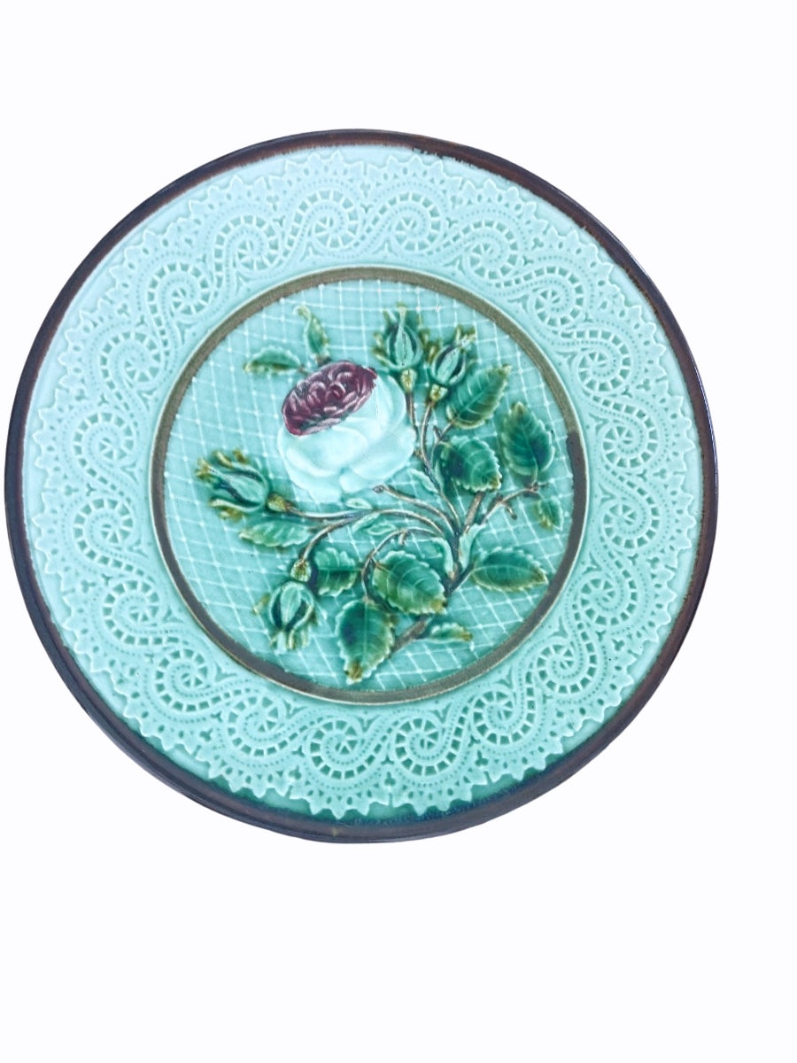 Rare Antique Majolica Turquoise Rose & Lace Relief Decorative Plate