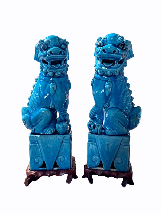 Pair of Chinese Turquoise Glazed Porcelain Foo Dog Figurines on Stands