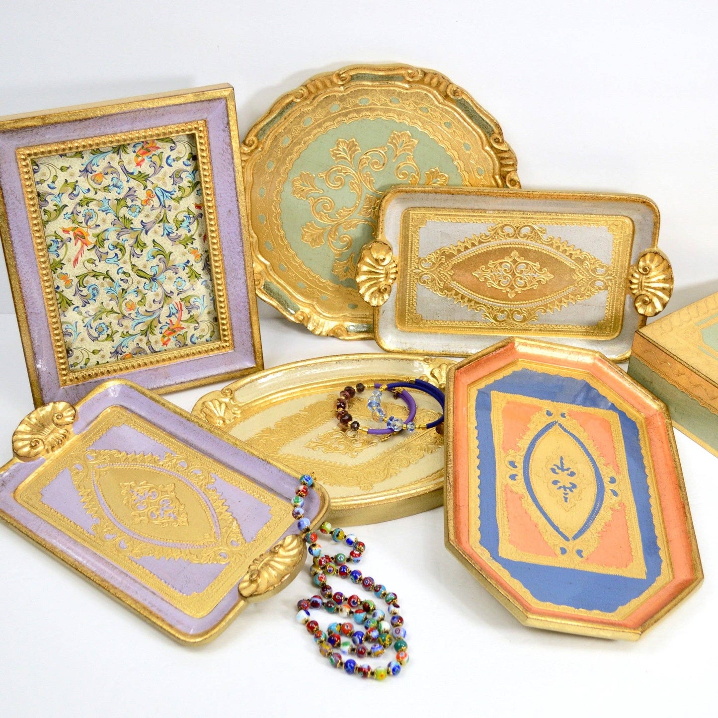 Florentine Carved Wood Rectangle Mini Tray with Shell Handles, Made in Italy: Sage Green