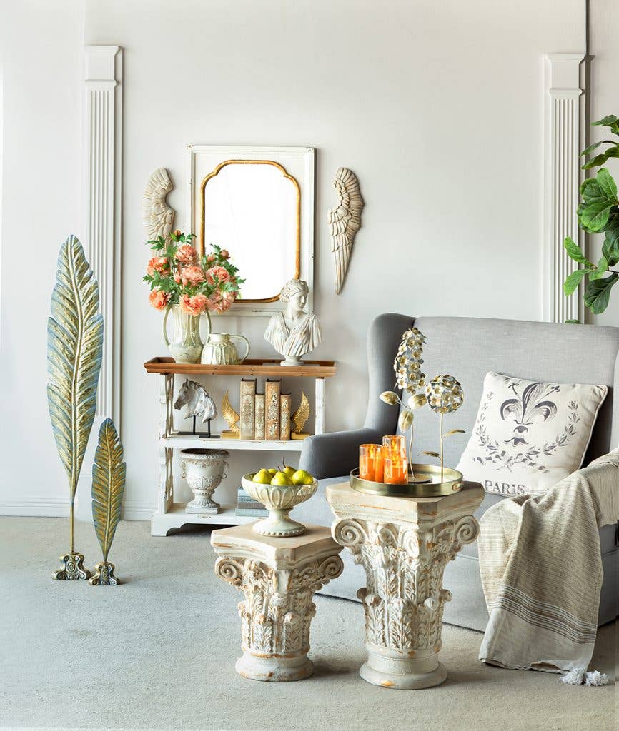 Gold Iron Hydrangea Statue on Round Base 5x5x14"